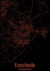 Black and orange halloween map of Enschede Netherlands.This map contains geographic lines for main and secondary roads.