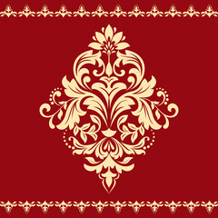Damask graphic ornament. Floral design element. Gold and red vector pattern