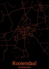 Black and orange halloween map of Roosendaal Netherlands.This map contains geographic lines for main and secondary roads.