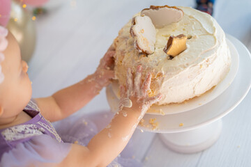 Cute little baby girl sitting on the floor and playing with his cake on his first birthday. Smash cake