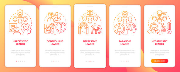 Fototapeta na wymiar Types of toxic leaders red gradient onboarding mobile app screen. Walkthrough 5 steps graphic instructions pages with linear concepts. UI, UX, GUI template. Myriad Pro-Bold, Regular fonts used
