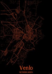 Black and orange halloween map of Venlo Netherlands.This map contains geographic lines for main and secondary roads.