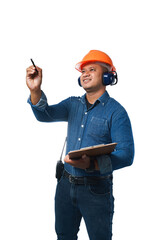 The young engineer wears a helmet and earmuffs, and wears a long-sleeved shirt and trousers. Stand holding a clipboard and point it up. isolated on a white background with clipping path.