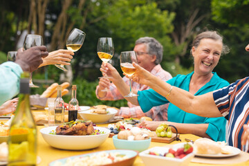 Multiracial senior male and female friends enjoying wine at table during backyard party