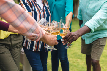 Midsection of multiracial senior male and female friends toasting wine during backyard party