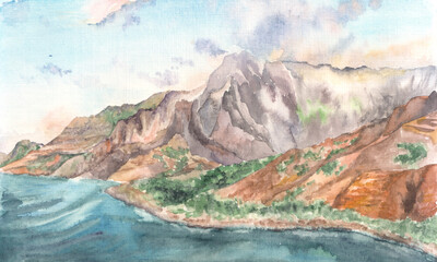 Watercolor hand drawn illustration of mountains, rocky bay and forests on the sea. Wallpaper, illustration, background