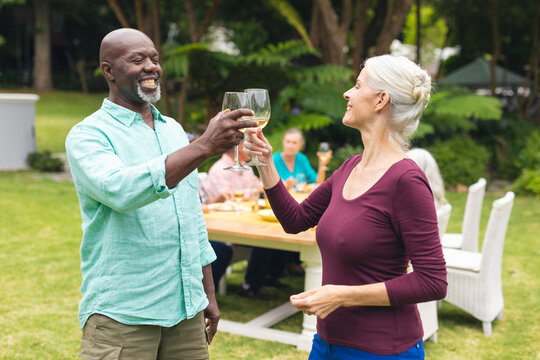 Happy multiracial senior friends toasting wine while friends in background at backyard party