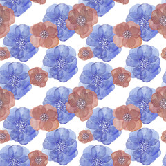 Seamless watercolor pattern of blue and red flowers on a white background