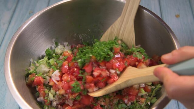 Tabbouleh salad Tabouli Recipe chopped parsley. High quality 4k footage