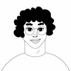 Hand drawn cute guy avatar. Monochrome stylized portrait. Curly man. Black and white vector illustration isolated on white background.