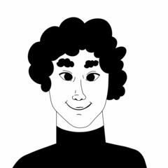 Hand drawn cute guy avatar. Monochrome stylized portrait. Curly man. Black and white vector illustration isolated on white background.