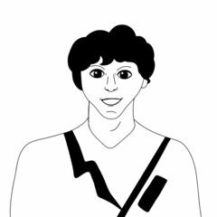 Hand drawn cute guy avatar. Monochrome stylized portrait. Curly man. Black and white vector illustration isolated on white background.