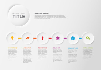 Six white circle relief steps timeline process infographic - obrazy, fototapety, plakaty