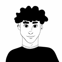 Hand drawn cute guy avatar. Monochrome stylized portrait. Curly man. Black and white vector illustration isolated on white background.