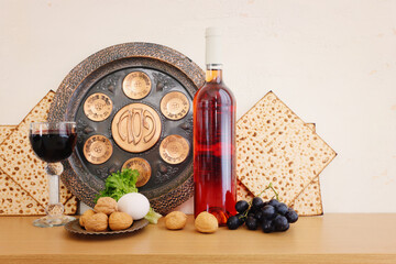 Pesah celebration concept (jewish Passover holiday). Translation of Traditional pesakh plate text: Passove, horseradish, celery, the egg, shankbone, bitter hearb, sweet date