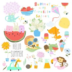 Cute Cartoon Set with Funny Animals meeting Summer