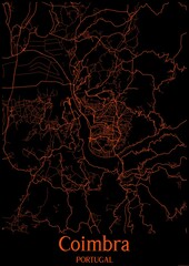 Black and orange halloween map of Coimbra Portugal.This map contains geographic lines for main and secondary roads.