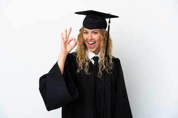 Young university graduate isolated on white background showing ok sign with fingers