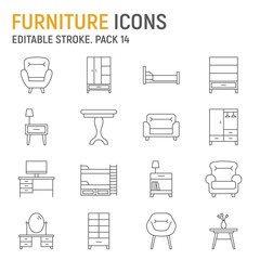 Furniture line icon set, home room collection, vector graphics, logo illustrations, furniture vector icons, interior signs, outline pictograms, editable stroke