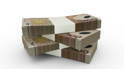 3d rendering of Stack of 100 New Zealand dollar notes. Few bundles of New Zealand currency isolated on white background