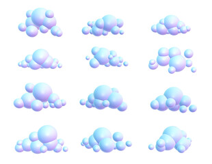 3d decorative round soft clouds isolated on white background. A set of primitive simple shapes, icons, design elements.