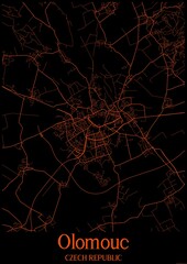 Black and orange halloween map of Olomouc Czech Republic.This map contains geographic lines for main and secondary roads.