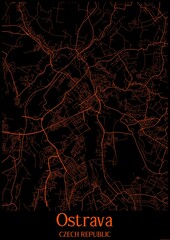 Black and orange halloween map of Ostrava Czech Republic.This map contains geographic lines for main and secondary roads.