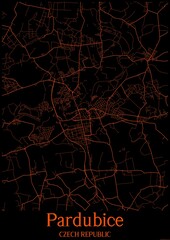 Black and orange halloween map of Pardubice Czech Republic.This map contains geographic lines for main and secondary roads.