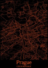 Black and orange halloween map of Prague Czech Republic.This map contains geographic lines for main and secondary roads.