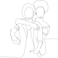 Continuous drawing of a line of a friendshipe portrait of two girls hugging. Vector illustration. One continuous line is a concept. 