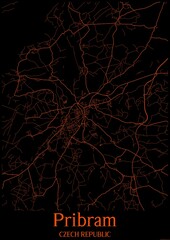 Black and orange halloween map of Pribram Czech Republic.This map contains geographic lines for main and secondary roads.