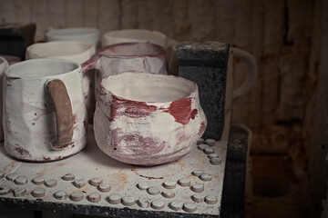 clay mugs in kiln for firing pottery