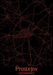 Black and orange halloween map of Prostejov Czech Republic.This map contains geographic lines for main and secondary roads.
