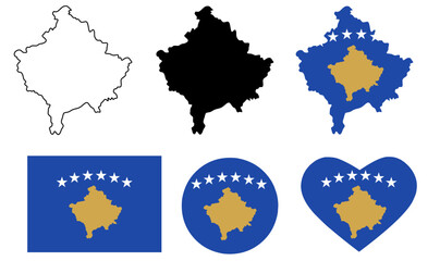 kosovo map flag icon set isolated on white background - obrazy, fototapety, plakaty