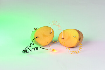 Potato battery on white background.  Alternative green energy generated from potatoes.  - obrazy, fototapety, plakaty