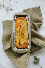 Sweet homemade banana bread cake. Top view.