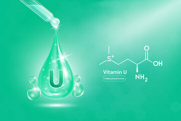 Vitamin U serum liquid gel in dropper and structure. Cream collagen complex with chemical formula from nature skin care vitamins. On green background 3D realistic vector. Medical scientific concept.