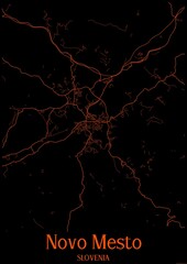 Black and orange halloween map of Novo Mesto Slovenia.This map contains geographic lines for main and secondary roads.