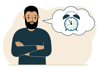 Happy man with thought balloon with alarm clock. Time management, planning, organization of working time, effective business, deadline.