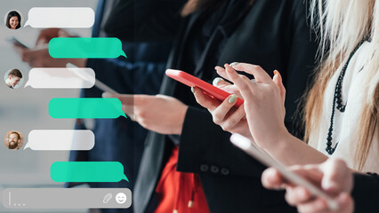 Mobile app. Social media chat. Virtual communication. Digital lifestyle. Business people using phones reading message online in blank text bubbles.