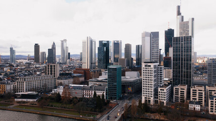 Fototapeta na wymiar Aerial view: business center skyscraper in the center of Frankfurt