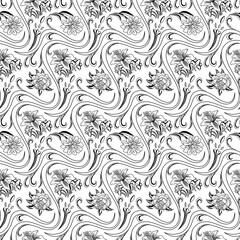 Black and White Floral Vector Seamless Pattern. Awesome for classic product design, fabric, backgrounds, invitations, packaging design projects. Surface pattern design.