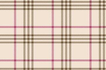 Plaid check pattern in tan beige, grey and white. Seamless fabric texture print.