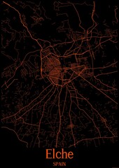 Black and orange halloween map of Elche Spain.This map contains geographic lines for main and secondary roads.
