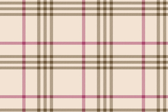 Plaid check pattern in tan beige, grey and white. Seamless fabric texture print.