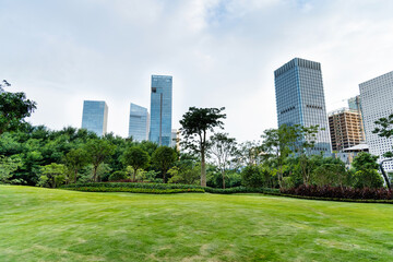 City park with office buildings
