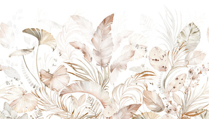Tropical Beige design -  watercolor exotic leaves. Arrangement with palm branch - obrazy, fototapety, plakaty