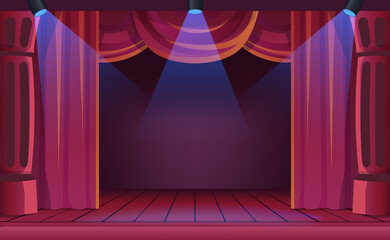 dark stage for theater with red velvet drapery curtain with spotlight for drama, cinema, movie, show, performance,