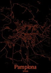 Black and orange halloween map of Pamplona Spain.This map contains geographic lines for main and secondary roads.