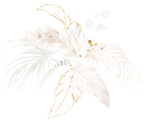 Tropical Beige design -  watercolor exotic leaves. Arrangement with palm branch